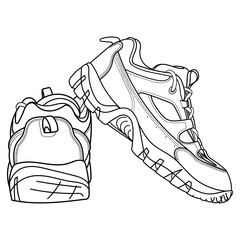 Hand drawn adventures shoes, trekking sneakers, gym shoes, top view. doodle vector illustration	

