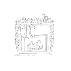 Fireplace with Christmas Decoration. Vector Illustration.