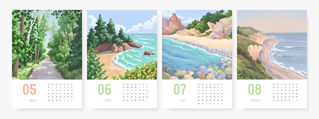 Illustrated 2023 calendar template with hand drawn nature landscape. Vector illustration