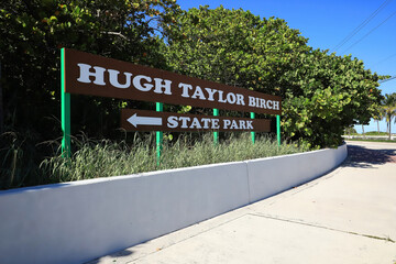 Entrance sign to Hugh Taylor Birch State Park, a public park located on East Sunrise Boulevard,...