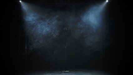 A vintage metal microphone looms against smoke and black studio background. An old concert...