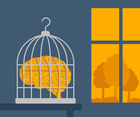Prisoned brain inside a birdcage by the window