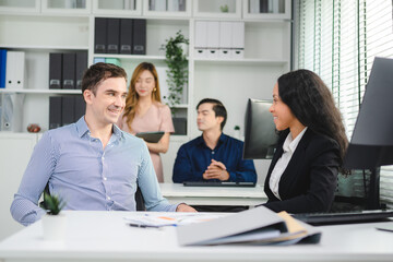 professional business marketing teamwork concept, group of businessman person startup team meeting and discussion a corporate strategy document paperwork, colleague brainstorming communication concept