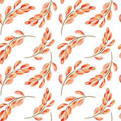 Colorful autumn branch watercolor seamless pattern on white.