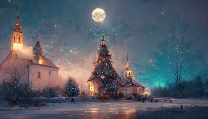 Christmas night in small village and church