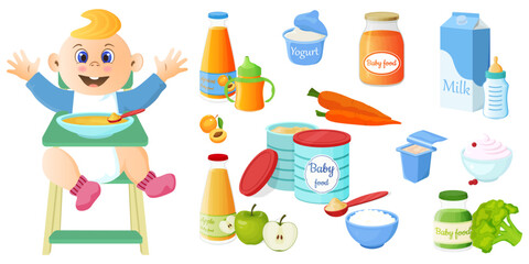 Baby food.A small child and a set of baby products.Milk powder, fruit puree, fermented milk products.Vector illustration.