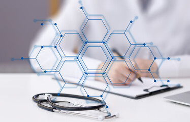 Medical infographics on a defocused background with a doctor in a white coat. Medical background...