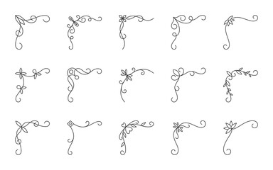Black vintage corner set on white. Thin line elegant retro victorian decorative art element for wedding invitation, greeting card. Classic doodle floral swirl pattern corners for decoration design