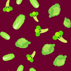 Seamless pattern vegetables cabbage, broccoli and chinese cabbage. Vegetables in cartoon background for textile, packaging and kitchen design.