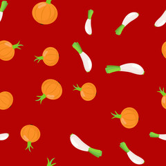 Seamless pattern vegetables leeks and onions on a red background. Vegetables in cartoon background for textile, packaging and kitchen design.