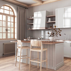 Japandi bleached wooden kitchen in white and beige tones with island and stools. Parquet floor,...