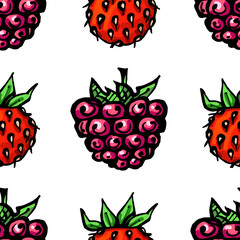 Seamless pattern with colored hand drawn raspberry and wild strawberry. Suitable for packaging, wrappers, surface and fabric design. PNG illustration