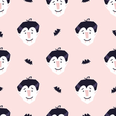 Vampire Halloween seamless pattern, cartoon vector illustration. Cheerful smiling vampire head with fangs and bat on pink background. Childish pattern, great for wrapping paper.