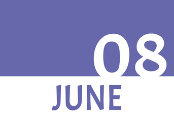 8 june calendar date with copy space. Very Peri background and white numbers. Trending color for 2022.