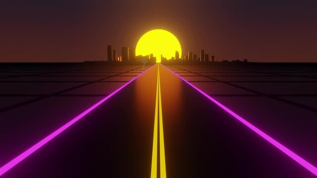 Driving on a two-lane road toward distant city with setting sun in background. Retro wave, synthwave wireframe animated grid, 80s retro futuristic background in endless loop, 3D, 4K
