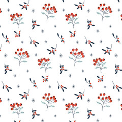 Hand drawn floral winter, Christmas seamless pattern with fir branches and red rowan berries. Vector illustration of a background for fabric, decor, decoration, cover