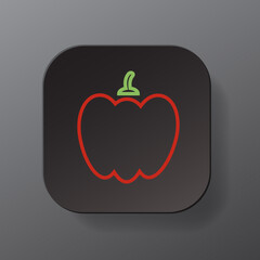 Black square button with paprika vegetable outline icon, red bell pepper on the plate. Flat symbol sign vector illustration isolated on gray background. Healthy nutrition concept