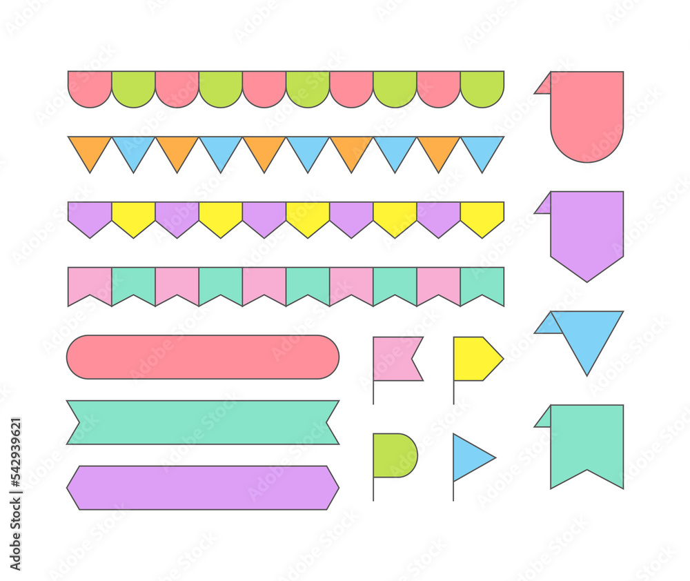 Poster a set of ribbons, flags, label borders and icon illustrations in a colorful, simple and flat style w