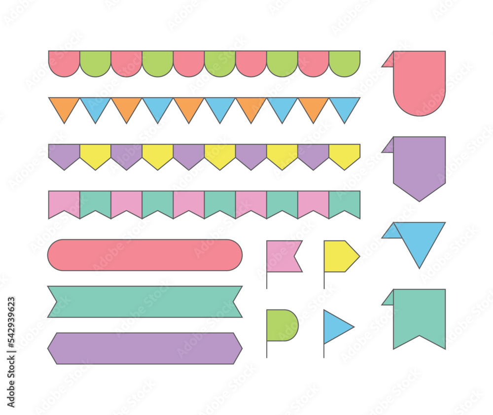 Poster a set of ribbons, flags, label borders and icon illustrations in a colorful, simple and flat style w