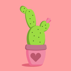 Doodle cactus in the flower pot with heart ornament. Valentine, wedding, love cards, print for decorating clothing