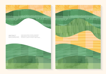 Abstract pixel farm agriculture template. Green field pattern, eco background, nature landscape vector illustration with texture. Farmland collage leaflet, identity, booklet. Ecology backdrop, card