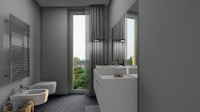 Luxurious bathroom and bedroom interior design with lighting 3d visualization. Architectural sample for luxurious interior design.