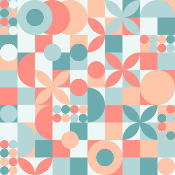Trendy seamless geometric background with circles in retro
scandinavian style, modern cover pattern. Graphic pattern of simple shapes in pastel colors, abstract mosaic.