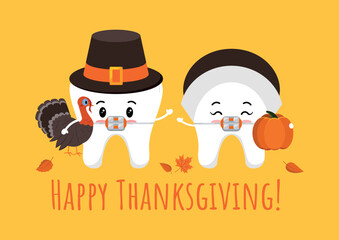 Thanksgiving tooth in braces in pilgrim hat with pumpkin and turkey in hand. White teeth in carnival costume - dental character for dentist card. Flat design cartoon style vector illustration.