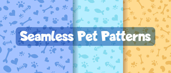 Set of seamless patterns and backgrounds with paw prints, hearts, bones and fish. Abstract vector illustration for pet shop websites and prints, social media posts, animal product design - obrazy, fototapety, plakaty