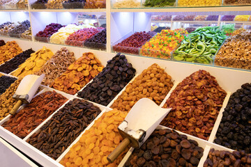 Traditional Azerbaijani cuisine ingredients dried fruit and herbs at the local market in Baku, Azerbaijan.