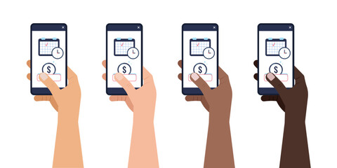 Easy credit payment with calendar on phone screen in hand set. Auto pay online with mobile phone - digital device. Scheduled payment communication service concept. Flat design vector illustration.