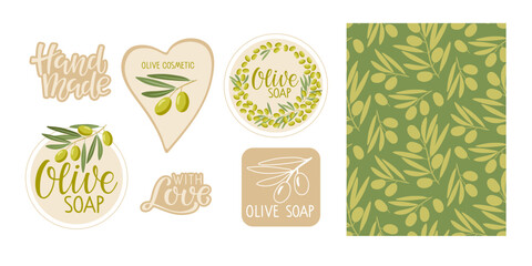 Vector set labels for olive cosmetics. Labels for handmade natural, organic cosmetics, soap and beauty products and seamless olive sketch pattern. Design of packaging Olive cosmetics for business
