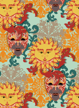 Seamless Pattern With Musk And Sun With Floral Ornament On The Blue Background