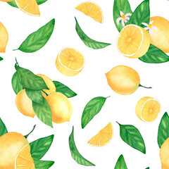 Watercolor seamless pattern with lemons. Botanical illustration. An excellent solution for the design of gift wrapping and textile interior items.