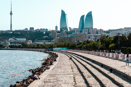 Baku Flame Towers is the tallest skyscraper in Baku, Azerbaijan. Panoramic view of Baku - the capital of Republic of Azerbaijan near Caspian See. Western Asia.