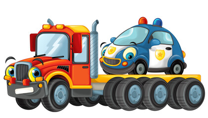 cartoon tow truck driving with load other car isolated