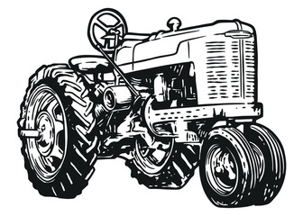 Vintage farm tractor - hand drawn illustration - Out line