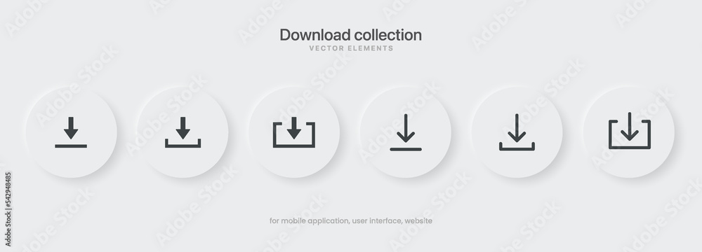 Aufkleber 3D black download upload button icon. Upload icon. Down arrow bottom side symbol. Click here button. Save cloud icon push button for UI UX, website, mobile application.