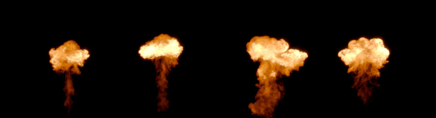 Four vary flaming mushroom bursts, isolated - object 3D rendering