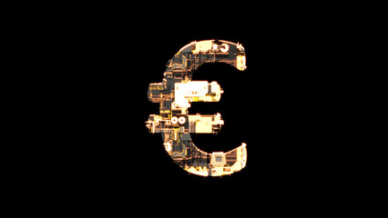 euro sign, rough black and yellow metal scrap cyber punk alphabet, isolated - object 3D rendering