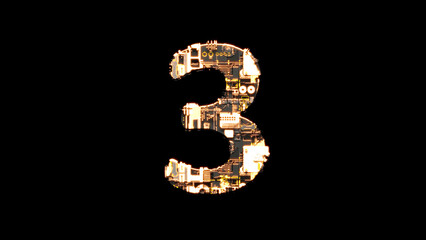 number 3, rough black and yellow metal scrap cyberpunk font, isolated - object 3D illustration