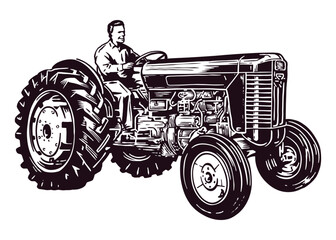 Farmer driving an old tractor - hand drawn illustration