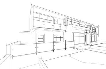 3d sketch of modern house architectural drawing