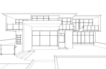 3d sketch of modern house architectural drawing