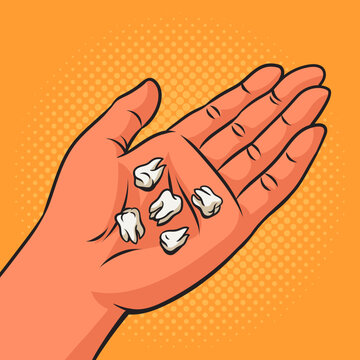 Pulled teeth in hand pinup pop art retro vector illustration. Comic book style imitation.