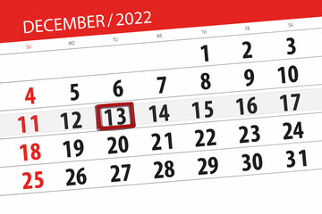 Calendar 2022, deadline, day, month, page, organizer, date, december, tuesday, number 13