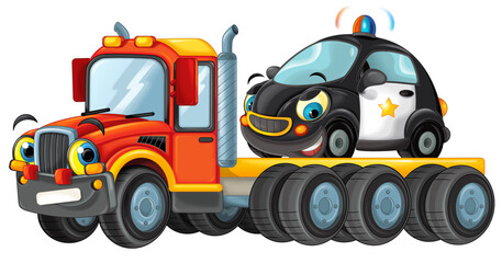 Obraz na płótnie Canvas cartoon tow truck driving with load other car isolated