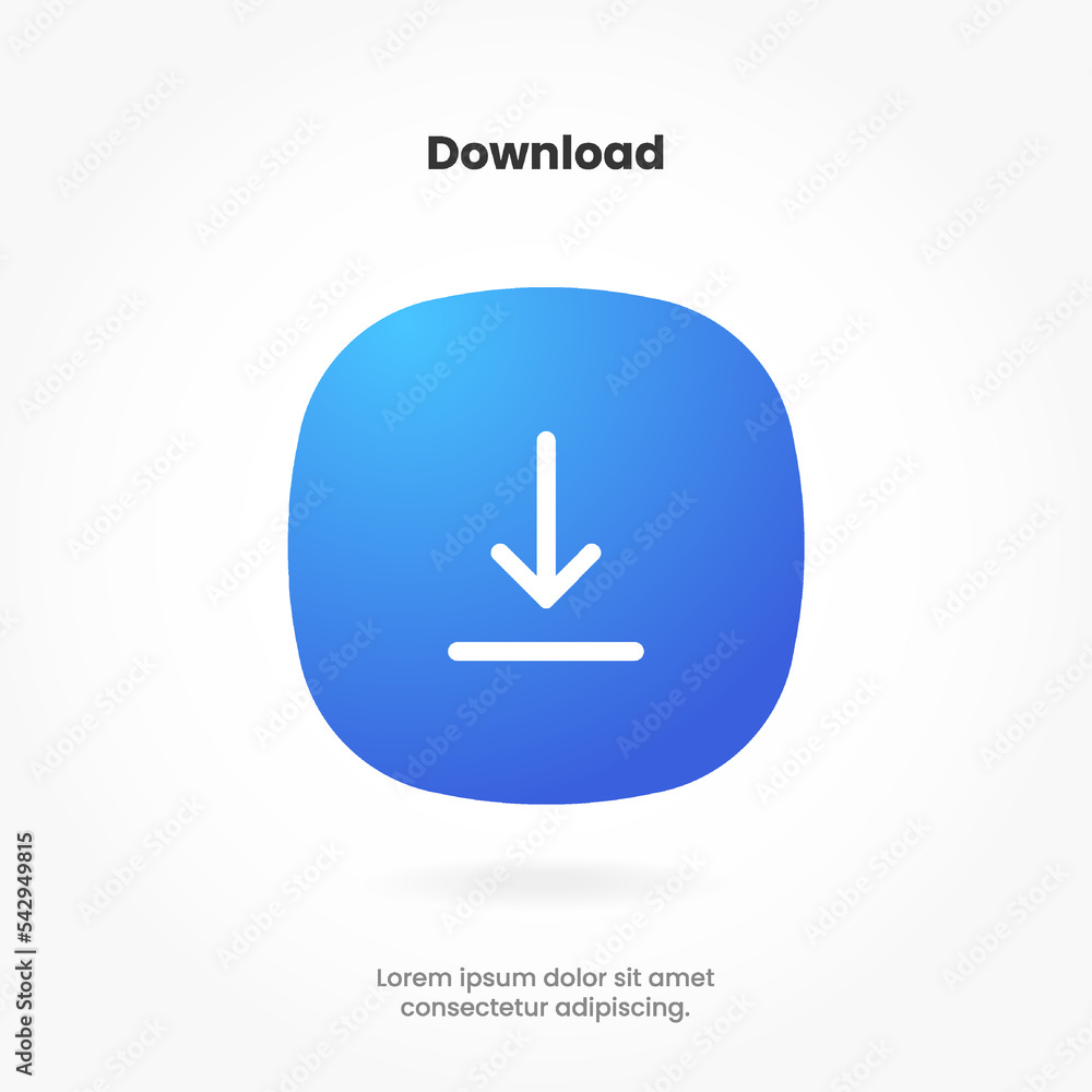 Poster 3d blue download button icon. upload icon. down arrow bottom side symbol. click here button. save cl