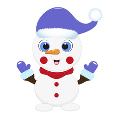 Cute cartoon snowman wearing a blue winter hat and mittens. Vector illustration on a white background.