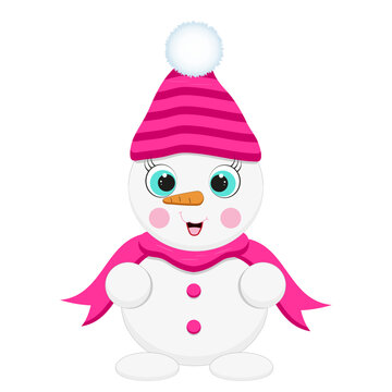 Cute cartoon snowman in a hat and scarf. Winter snowman vector illustration isolated on white background.